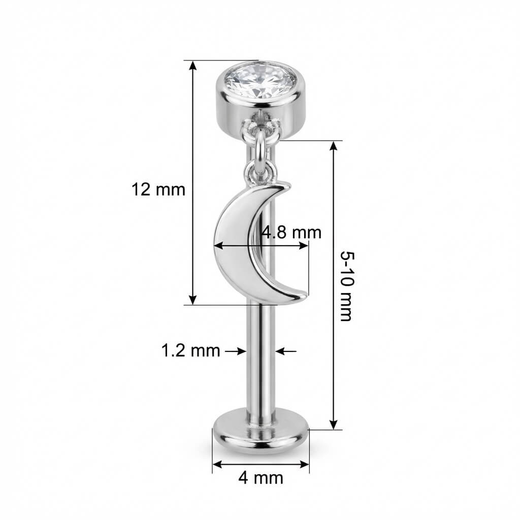 Titanium Labret Bezel Crystal With Dangle Moon Internally Threaded