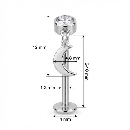 Titanium Labret Bezel Crystal With Dangle Moon Internally Threaded