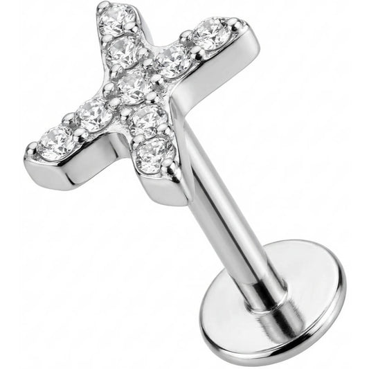 Titanium Labret Crystal Paved X Shape Internally Threaded