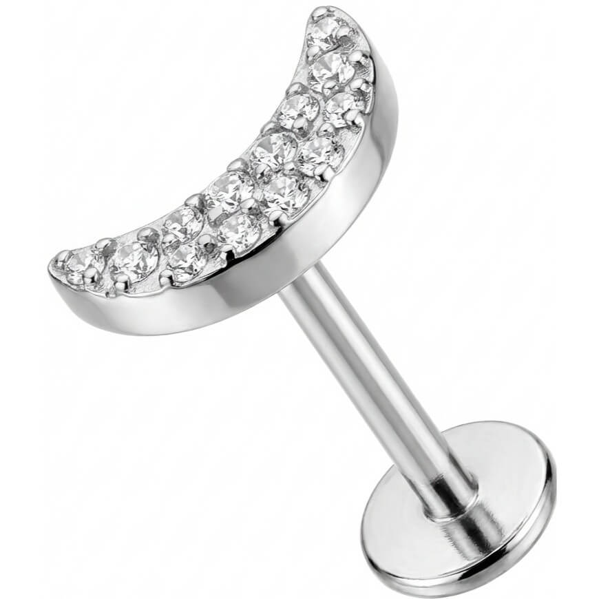 Titanium Labret Paved Crystal Crescent Moon Internally Threaded