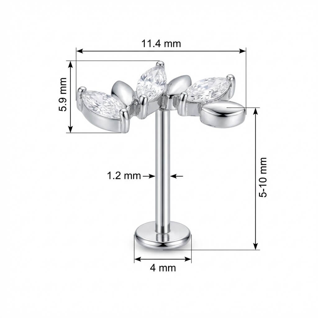 Titanium Labret Crystal And Metal Leaf Vine Internally Threaded
