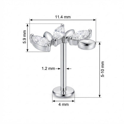 Titanium Labret Crystal And Metal Leaf Vine Internally Threaded