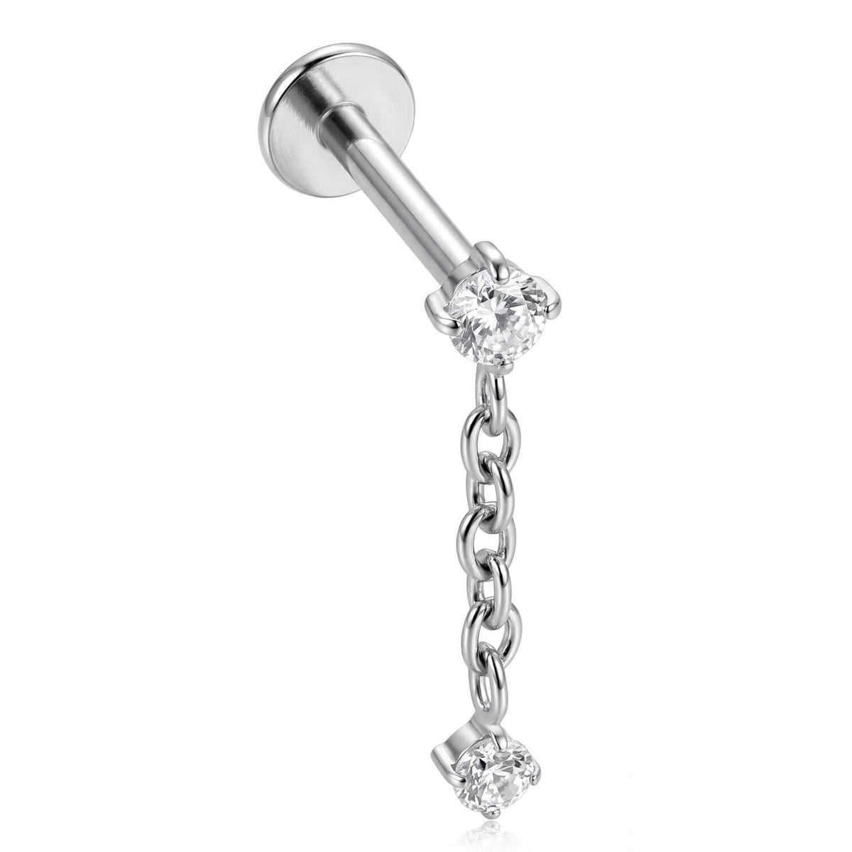Titanium Labret Dangle Chain Double Zirconia Internally Threaded