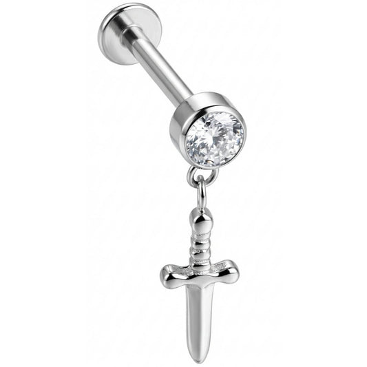 Titanium Labret Dangling Dagger With Clear Crystal Internally Threaded