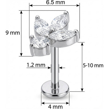 Titanium Labret Crystal Lotus Flower Cluster Internally Threaded