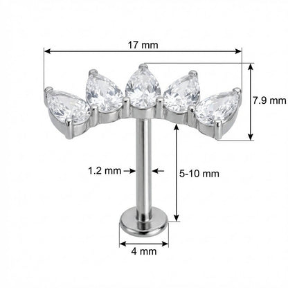 Titanium Labret Curved Five Teardrop Crystal Cluster Internally Threaded