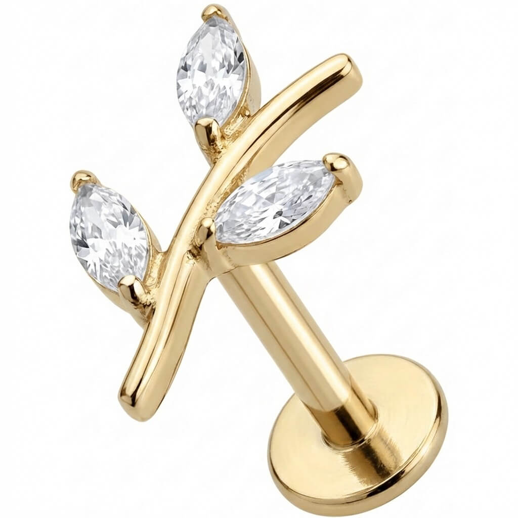 Titanium Labret Marquise Crystal Leafy Branch Internally Threaded
