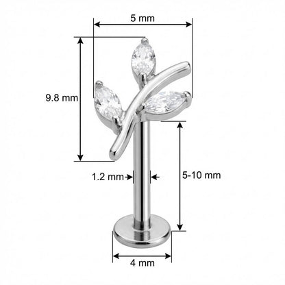 Titanium Labret Marquise Crystal Leafy Branch Internally Threaded