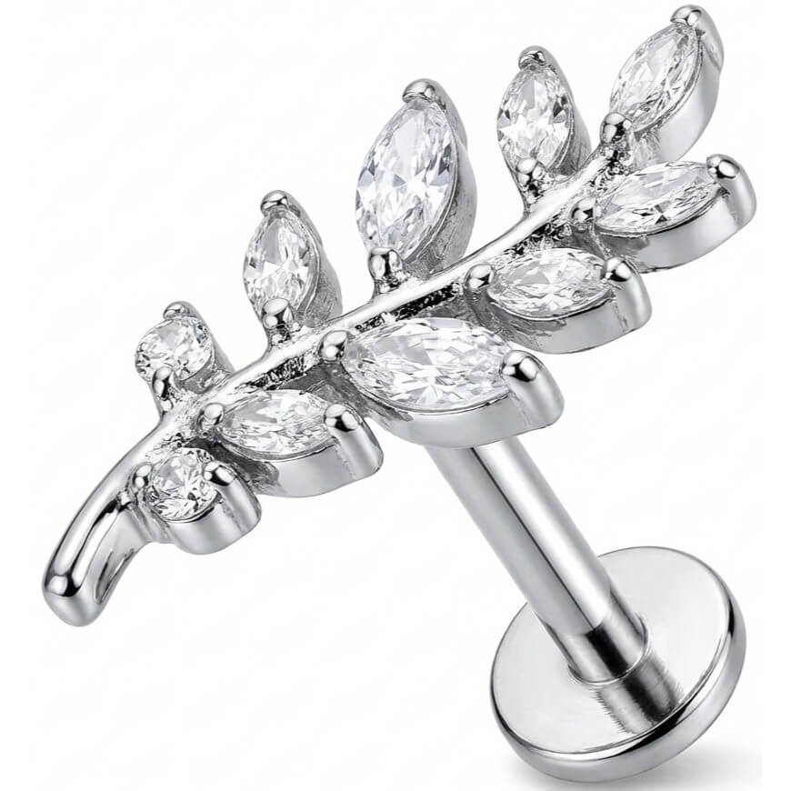 Titanium Labret Curved Crystal Fern Leaf Branch Internally Threaded