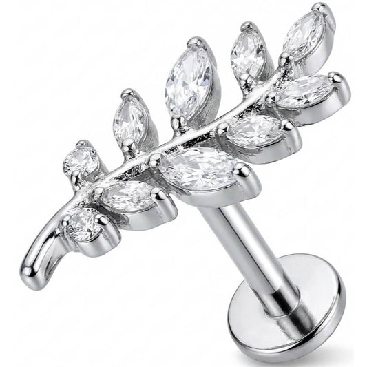 Titanium Labret Curved Crystal Fern Leaf Branch Internally Threaded