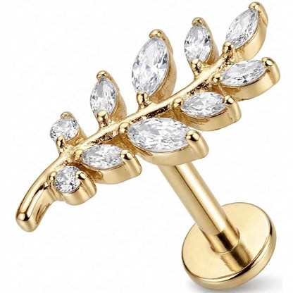 Titanium Labret Curved Crystal Fern Leaf Branch Internally Threaded