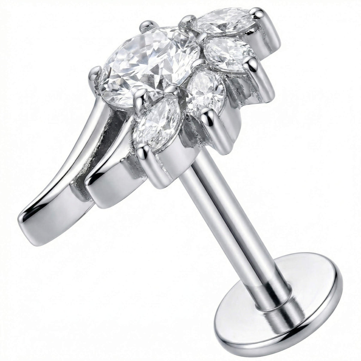 Titanium Labret Crystal Floral Fan Cluster Internally Threaded